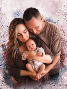 Семейный портрет в стиле дрим арт. На картине изображена семья: мужчина и женщина нежно обнимают младенца, который уютно устроился у них на руках и с любопытством смотрит вперёд. Фон выполнен в абстрактной технике с брызгами и разводами краски в пастельных и насыщенных тонах, что придаёт портрету лёгкую сказочность и эмоциональную глубину. Художник Артём