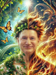 Фэнтези, художник Антонина Мужской портрет в стиле фэнтези. На картине изображён человек, разделённый на две половины: левая сторона символизирует природу, украшена зеленью, цветами и бабочками, а правая — огонь, с языками пламени и светящимися элементами. Это создаёт контраст между гармонией природы и энергией огня. Художник Антонина