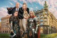 Семья изображена на фоне архитектурного пейзажа, включающего здание компании "Зингер" в Санкт-Петербурге в образах разных персонажей.Фэнтези, художник Антонина