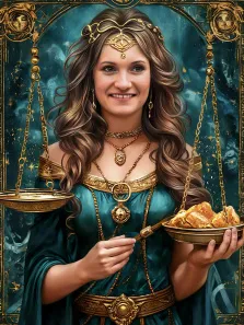 Женский портрет в стиле фэнтези. На картине изображена женщина в роскошном бирюзовом одеянии с золотыми украшениями, держащая в руках золотые весы с чашами — в одной из них лежат золотые самородки. Фон выполнен в мистическом тёмно-бирюзовом оттенке с золотыми орнаментами, создающими ощущение торжественности и символизма. Художник Антонина