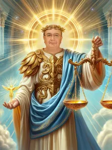 Мужской портрет в стиле фэнтези. На картине изображён человек в роскошных золотых доспехах и голубой мантии, с венком на голове, на фоне сияющего ореола и колонн. В одной руке он держит золотые весы, символизирующие справедливость, а в другой — маленькую светящуюся фигурку ангела, что придаёт образу величественность и мистическую значимость. Художник Антонина