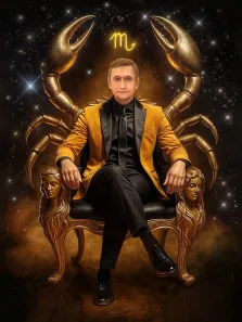 Мужской портрет в стиле фэнтези. На картине изображён мужчина в элегантном жёлто-чёрном костюме, сидящий на роскошном троне с золотыми элементами и скульптурными женскими лицами на подлокотниках. За его спиной возвышается массивный золотой скорпион, а над головой светится астрологический символ знака Скорпиона на фоне звёздного неба. Художник Антонина