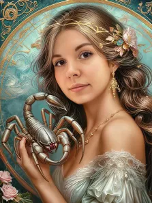 Женский портрет в стиле фэнтези. На картине изображена молодая женщина с длинными волнистыми волосами, украшенными цветочной композицией и золотой веточкой, в лёгком кружевном платье пастельного оттенка. В руке она держит крупного металлического скорпиона с устрашающими клешнями, а фон выполнен в изысканных бирюзовых и золотых тонах с орнаментами, создающими атмосферу сказочности и мистики. Художник Антонина