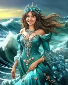 Женский портрет в стиле фэнтези. На картине изображена молодая женщина в роскошном бирюзовом платье, украшенном жемчугом и драгоценными камнями, с короной из морских элементов на голове — она словно морская царица. На фоне бушуют волны, а мягкие оттенки неба создают ощущение волшебства и гармонии с морской стихией. Художник Антонина