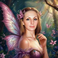 Женский портрет в стиле фэнтези. На картине изображена изящная фея с полупрозрачными розово-фиолетовыми крыльями, украшенная цветочными венками в волосах. Она одета в наряд с цветочными мотивами, а вокруг неё — волшебный лес с мягким светом, порхающими бабочками и пышной зеленью, создающий атмосферу сказочной гармонии. Художник Ирина