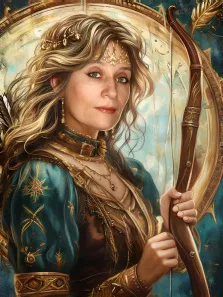 Женский портрет в стиле фэнтези. На картине изображена женщина с длинными светлыми волосами, украшенными золотыми аксессуарами, в богатом наряде с бирюзовыми и золотыми элементами. Она уверенно держит в руке лук, а фон с элементами орнамента и перьями придаёт образу эпичность и мифологическую атмосферу. Художник Антонина