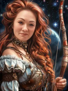 Женский портрет в стиле фэнтези. На картине изображена рыжеволосая девушка-воин с длинными волнистыми волосами, одетая в изысканный наряд с элементами доспехов и украшениями. В руке она держит украшенный орнаментом лук, а на фоне видны звёздное небо и планета, создающие атмосферу фантастического мира. Художник Антонина