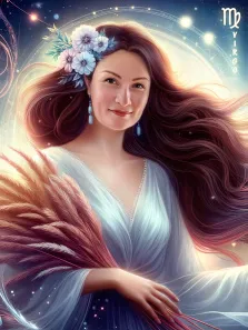 Женский портрет в стиле фэнтези. На картине изображена женщина с длинными волнистыми каштановыми волосами, украшенными венком из нежных цветов, в лёгком светлом платье; в руке она держит сноп колосьев. Фон наполнен космическими мотивами — мерцающими звёздами и светящимися кругами, а справа виден символ знака зодиака Дева (Virgo). Художник Антонина