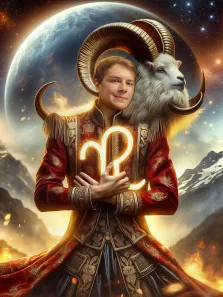 Мужской портрет в стиле фэнтези. На картине изображён молодой человек в роскошном красном мундире с золотой вышивкой, на груди которого светится символ знака зодиака Овен. За его спиной величественно возвышается баран с большими рогами, а фон составляют космическая планета, звёздное небо и заснеженные горы, окутанные огненными всполохами. Художник Антонина