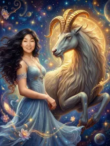 Женский портрет в стиле Фэнтези. На портрете изображена женщина в лёгком голубом платье с длинными тёмными волосами, стоящая рядом с величественным Козерогом; фон наполнен космическими мотивами — звёздами, планетами и сияющими элементами, создающими волшебную атмосферу. Художник: Ирина