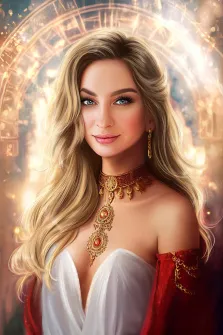 Женский портрет в стиле фэнтези. На портрете изображена молодая женщина с длинными волнистыми светлыми волосами, в элегантном бело-красном наряде, украшенная изысканным золотым ожерельем с красными камнями и серьгами; её взгляд полон спокойствия и уверенности, а лёгкая улыбка придаёт образу очарование. На фоне виднеется мистический светящийся круг с древними символами, создающий атмосферу волшебства и загадочности. Художник: Анастасия