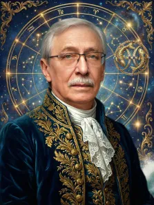 Мужской портрет в стиле фэнтези. На портрете изображён пожилой мужчина с седыми волосами и аккуратными усами, в очках, одетый в роскошный тёмно-синий кафтан с золотой вышивкой и белым кружевным жабо. На фоне — звёздное небо с астрологическим кругом и символом знака Рыб, что придаёт образу мистическую и учёную атмосферу. Художник: Ирина