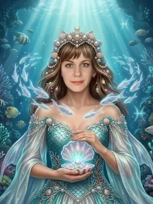 Женский портрет в стиле фэнтези. На портрете изображена морская царица в изысканном наряде из чешуек и жемчуга, с короной из ракушек и жемчужин на голове; она держит в руках раскрытую раковину с сияющей жемчужиной внутри. Вокруг неё кружатся полупрозрачные рыбки, а фон наполнен лучами света, пробивающимися сквозь воду, и морскими кораллами. Художник: Ирина