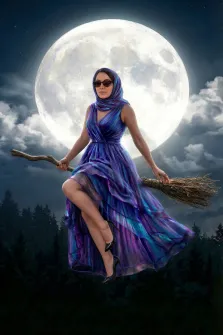 Женский портрет в стиле фэнтези.На портрете изображена женщина в элегантном переливающемся платье сине-фиолетовых оттенков, летящая на метле на фоне огромной полной луны; её образ дополняют тёмные очки и платок, обёрнутый вокруг головы. Поза героини уверенная и грациозная, а ночной лес и звёздное небо создают мистическую, завораживающую атмосферу. Художник: Ирина