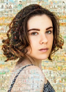 Женский портрет фотомозаика. Портрет выполнен в виде фотомозаики: лицо и фигура молодой женщины собраны из множества мелких фотографий, запечатлевших разные моменты жизни. Её взгляд серьёзен и сосредоточен, а причёска и одежда подчёркивают естественность и лёгкую задумчивость образа. Художник: Ирина