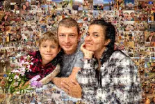 Мозаика, художник Ирина На изображении представлен фотоколлаж, состоящий из множества небольших фотографий. Эти фотографии формируют общую картину семьи, состоящей из матери, отца и сына. Мозаика, художник Ирина
