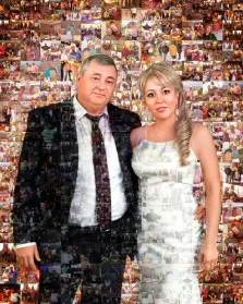 Парный портрет в стиле Мозаика. На картине изображена фотомозаика: в центре — мужчина в тёмном костюме с галстуком и женщина в светлом платье, позирующие вместе. Их фигуры составлены из множества мелких фотографий, создающих эффект коллажа и отражающих разные моменты жизни. Художник Ирина