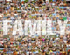 композиция в стиле мозаика. На картине представлен яркий семейный фотоколлаж, в котором множество фотографий разных членов семьи складываются в слово «FAMILY». На снимках запечатлены радостные моменты: прогулки, праздники, повседневная жизнь, спортивные занятия и семейные встречи — всё это создаёт тёплую и динамичную композицию, наполненную эмоциями. Художник Ирина