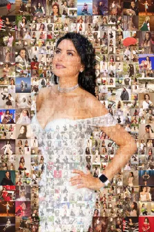 Женский портрет в стиле мозаика. Портрет выполнен в виде фотомозаики: центральная фигура — женщина в элегантном белом платье с открытыми плечами, украшенная изящным колье, с уверенной позой и взглядом, устремлённым вверх. Фон и сама фигура составлены из множества мелких фотографий, запечатлевших разные образы и моменты с участием этой же женщины. Художник: Ирина