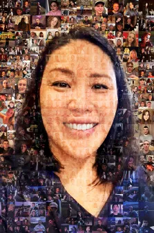 Женский портрет в стиле мозаика. Этот портрет выполнен в технике фотомозаики: центральное изображение улыбающейся женщины составлено из множества мелких фотографий разных людей. Фон и контуры лица образованы коллажем из разнообразных снимков, создающих уникальный текстурный эффект и подчёркивающих индивидуальность главного образа. Художник: Ирина