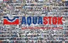 Картина в стиле мозаика. Фотомозаика представляет собой плотный коллаж из множества фотографий людей, событий и моментов, объединённых в единое полотно. В центре композиции крупно выделен логотип «AQUASTOK» в красно-синих тонах с девизом «Благоустраиваем жизнь», который словно собран из самих фотографий, подчёркивая коллективный характер и масштаб деятельности компании. Художник: Ирина