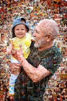 Семейный портрет в стиле мозаика. На этом необычном портрете пожилой мужчина с седой бородой держит на руках улыбающегося малыша в голубой шапочке и жёлтой одежде. Вся композиция выполнена в виде фотомозаики: фигуры героев и фон собраны из множества маленьких фотографий, запечатлевших разные моменты жизни — семейные сцены, прогулки, праздники, что создаёт ощущение тёплой семейной истории, растянувшейся сквозь годы. Художник: Ирина