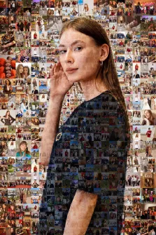 Женский портрет фотомозаика. Алиса
Портрет выполнен в технике фотомозаики: центральный образ девушки с длинными волосами и лёгкой улыбкой собран из множества мелких фотографий, создающих цельный силуэт. Фон и одежда героини также состоят из миниатюрных снимков, наполненных разными сценами и лицами, что придаёт работе глубину и многослойность. Художник: Ирина