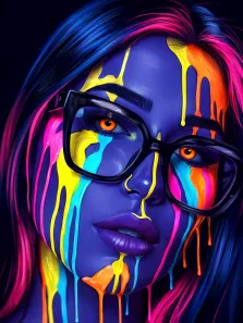 Женский портрет в стиле граффити. На картине изображён портрет девушки с ярко-оранжевыми глазами и большими чёрными очками; её лицо и волосы покрыты насыщенными неоновыми красками — жёлтой, голубой, розовой и оранжевой, которые словно стекают вниз, создавая эффект «текущих» цветов. Тёмно-синий фон подчёркивает контрастность и динамику композиции, придавая работе характер поп-арта. Художник Артём