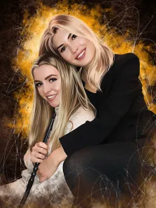 Женский портрет в стиле гранж. На портрете в стиле дрим-арт изображены две улыбающиеся блондинки: одна в чёрном костюме обнимает другую, одетую в светлое платье и держащую в руках тёмный предмет, похожий на трость. Фон выполнен в тёплых жёлто-коричневых тонах с абстрактными белыми линиями, создающими динамичную и уютную атмосферу. Художник: София 