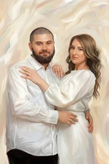 Парный портрет в стиле под масло. На картине изображён парный портрет: мужчина с бородой в белой рубашке и тёмных брюках обнимает женщину с длинными волнистыми волосами, одетую в светлое платье с длинными рукавами. Фон выполнен в мягких, светлых мазках, создающих лёгкую и романтичную атмосферу. Художник Ирина