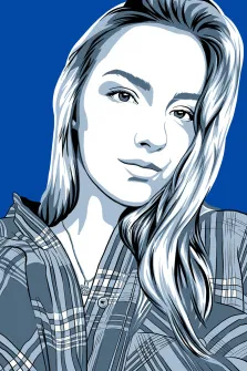 Женский портрет в стиле поп-арт. На портрете изображена молодая женщина с длинными светлыми волосами, свободно спадающими на плечи; она слегка улыбается, её взгляд спокоен и доброжелателен. Работа выполнена в стиле поп-арт с чёткими графичными линиями, на насыщенном синем фоне, женщина одета в клетчатую рубашку. Художник: Олеся 