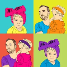 Семейный портрет в стиле поп-арт. Портрет выполнен в стиле поп-арт и состоит из четырёх ярких квадрантов с разными цветовыми фонами: голубым, жёлтым, оранжевым и зелёным. На нём изображены мужчина с бородой в футболках разных цветов и маленькая девочка с кудрявыми светлыми волосами — в некоторых частях она в повязке с надписью «OMG!», в других — в ободке, задумчиво подперев щёку рукой. Художник: Олеся 