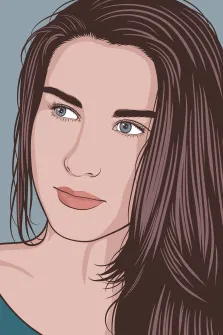 Женский портрет в стиле поп-арт. На портрете изображена молодая женщина с длинными тёмно-каштановыми волосами и выразительными голубыми глазами; её взгляд направлен немного в сторону, а на лице — лёгкая, едва заметная улыбка. Работа выполнена в векторном стиле с чёткими линиями и мягкими цветовыми переходами, фон — спокойный серо-голубой, подчёркивающий черты лица. Художник: Ольга