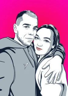 Парный портрет в стиле поп-арт. На портрете в стиле поп-арт изображены мужчина и женщина: мужчина обнимает женщину за плечи, а она нежно прижимается к нему, слегка улыбаясь. Фон выполнен в насыщенном розовом цвете, подчёркивающем контрастность чёрно-белых фигур героев. Художник: Олеся 