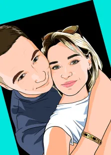 Парный портрет поп-арт. Алиса
На портрете в стиле поп-арт изображена пара: мужчина в тёмно-синей футболке нежно обнимает женщину со светлыми волосами, в белой футболке и с солнцезащитными очками на голове. Их лица выражают тепло и близость, а яркие контуры и контрастные цвета подчёркивают динамику и эмоциональность композиции. Художник: Олеся 