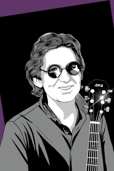 Мужской портрет в стиле поп-арт. На портрете изображён мужчина с волнистыми волосами, в круглых тёмных очках и рубашке с расстёгнутым воротом; он слегка улыбается, создавая ощущение непринуждённости и лёгкости. Рядом с ним — гриф гитары с надписью «JASMus», что подчёркивает его связь с музыкой. Художник: Олеся 