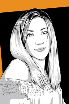 Женский портрет в стиле поп-арт. На портрете изображена молодая женщина с длинными светлыми волосами, ниспадающими на плечи; она слегка улыбается, её взгляд направлен прямо на зрителя. Образ выполнен в стиле поп-арт с чёткими графичными линиями, на контрастном фоне из чёрных и оранжевых участков. Художник: Олеся 