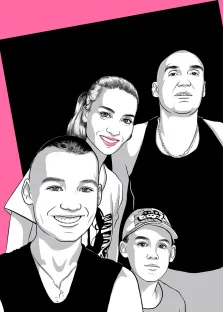 Семейный портрет в стиле поп-арт. На портрете в стиле графической иллюстрации изображена семья из четырёх человек: улыбающийся молодой мужчина на переднем плане, женщина с собранными волосами, обнимающая его за плечо, серьёзный мужчина в майке с цепочкой на шее и мальчик в кепке, стоящий чуть в стороне. Композиция выполнена в контрастных чёрно-белых тонах с ярким розовым акцентом в верхнем левом углу, что придаёт изображению динамичность и современный вид. Художник: Олеся 