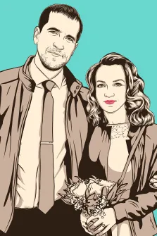 Парный портрет в стиле поп-арт. На портрете в стиле поп-арт изображены мужчина и женщина: мужчина в рубашке, галстуке и пиджаке с лёгкой улыбкой смотрит вперёд, а женщина с волнистыми волосами, в элегантном наряде держит букет цветов, её взгляд спокоен и доброжелателен. Фон выполнен в насыщенном бирюзовом цвете, подчёркивающем графичность и контрастность изображения. Художник: Олеся 