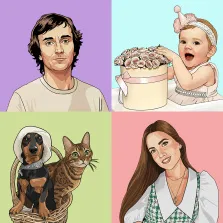Семейный портрет в стиле поп-арт. Картина представляет собой коллаж из четырёх отдельных иллюстраций: в верхнем левом углу — портрет мужчины на фиолетовом фоне, в верхнем правом — радостная малышка в праздничной шапочке тянется к коробке с розами на голубом фоне, в нижнем левом углу — собака в шляпе и кот сидят вместе в плетёной корзине на светло-зелёном фоне, а в нижнем правом углу — улыбающаяся девушка с длинными волосами в зелёно-белом платье на розовом фоне. Художник Анна