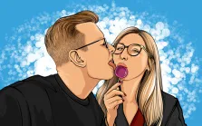Парный портрет в стиле поп-арт. На картине в стиле поп-арт изображены мужчина и женщина: мужчина в очках наклоняется, чтобы поцеловать женщину, которая держит во рту большой розовый леденец и смотрит прямо перед собой, также в очках. Фон выполнен в ярко-голубых тонах с эффектом боке — множеством белых световых кругов, создающих праздничное настроение. Художник Александра 