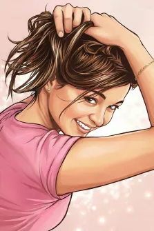 Женский портрет в стиле поп-арт. На картине изображена улыбающаяся девушка в розовой футболке, которая собирает волосы в небрежный пучок, подняв руку. Фон выполнен в нежных розовых тонах с лёгкими светлыми бликами, создающими лёгкую и жизнерадостную атмосферу. Художник Ирина