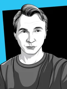 Мужской портрет в стиле поп-арт. На картине изображён стилизованный портрет мужчины с аккуратно уложенными волосами, одетого в тёмную футболку. Фон выполнен в контрастных цветах — чёрном и ярко-голубом, что подчёркивает выразительность образа. Художник Александра 