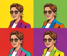 Женский портрет в стиле поп-арт. На портрете в стиле поп-арт изображена улыбающаяся женщина в тёмных очках и стильном пиджаке, её волосы аккуратно уложены. Фон разделён на четыре ярких квадрата — жёлтый, зелёный, красный и фиолетовый, что придаёт изображению динамичность и выразительность. Художник: Ирина