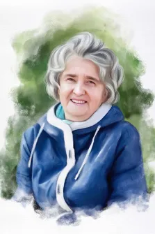 Женский портрет в стиле акварель. На портрете изображена пожилая женщина с короткими седыми волосами, одетая в синюю куртку с белым воротником и застёжками; она слегка улыбается, её взгляд доброжелателен и спокоен. Фон выполнен в мягких акварельных тонах зелёного цвета, что создаёт ощущение лёгкости и гармонии, подчёркивая теплоту образа. Художник: Татьяна 