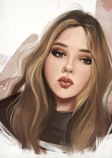 Женский портрет в стиле акварель. На портрете изображена молодая женщина с длинными волнистыми светло-русыми волосами, выразительным взглядом и аккуратно подчёркнутыми чертами лица — её глаза выделены тёмной подводкой, а губы покрыты блеском тёплого оттенка. Фон выполнен в мягких пастельных тонах с лёгкими акварельными мазками, что придаёт изображению воздушность и художественную лёгкость. Художник: Виктория 