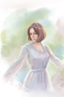 Женский портрет в стиле акварель. На портрете изображена молодая женщина с короткими каштановыми волосами, одетая в лёгкое светлое платье с длинными рукавами; она стоит с чуть разведёнными в стороны руками, словно ощущая лёгкий ветерок. Её глаза закрыты, на лице — спокойное, умиротворённое выражение, а фон выполнен в нежных акварельных тонах, создающих атмосферу гармонии и лёгкости. Художник: Софья 