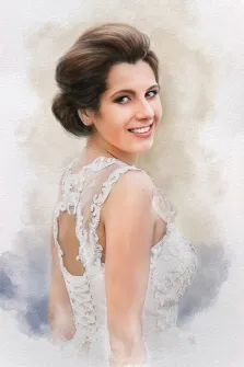 Женский портрет в стиле акварель. На портрете изображена молодая женщина в изысканном белом платье с кружевными деталями и шнуровкой на спине; её волосы аккуратно уложены в элегантную причёску. Она слегка повернута вполоборота и улыбается, глядя через плечо, а мягкий акварельный фон подчёркивает нежность и утончённость образа. Художник: Татьяна 