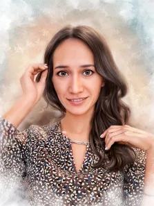 Акварель, художник Анна М На изображении представлена портретная иллюстрация женщины. У нее длинные волнистые каштановые волосы с естественными бликами. Лицо овальной формы, с ровными бровями над большими карими глазами. Улыбка открытая и доброжелательная, видны ровные белые зубы. Акварель, художник Анна М