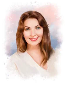 Акварель, художник Евгения А. Изображение представляет собой портрет молодой женщины. У неё светлая кожа, зелёные глаза и каштановые волосы, уложенные волнами. На губах у неё розовая помада, и она слегка улыбается. Она одета в белую одежду, напоминающую то ли накидку, то ли шарф. Фон выполнен в мягких пастельных тонах с размытыми пятнами розового и голубого цвета, создающими эффект акварели. Вокруг изображения есть белые мазки и пятна, придающие эффект стилизации под живопись.